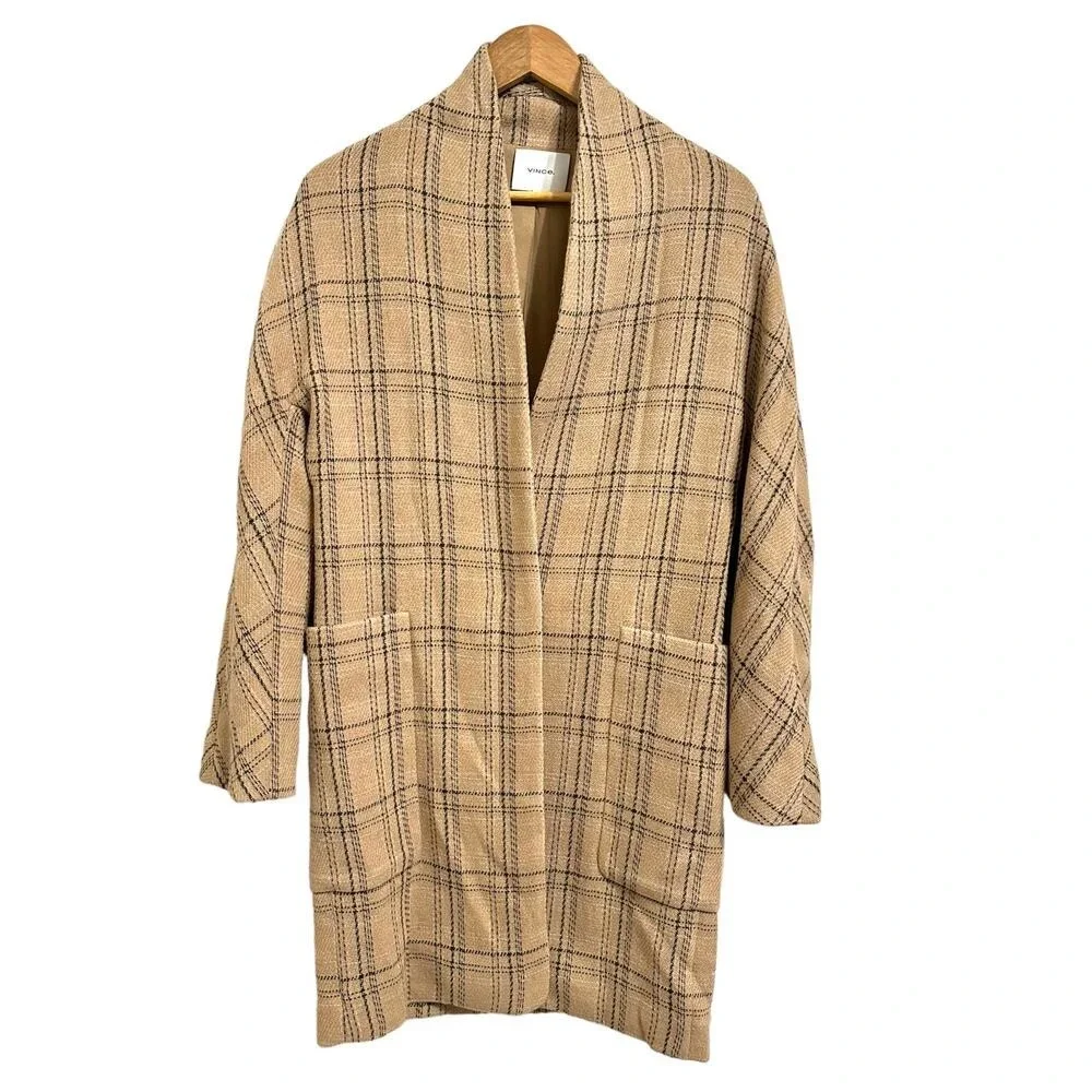 Quiet Luxury Vince‎ Plaid Wool Blend Open Front Coat Tan Black XXS V675791302